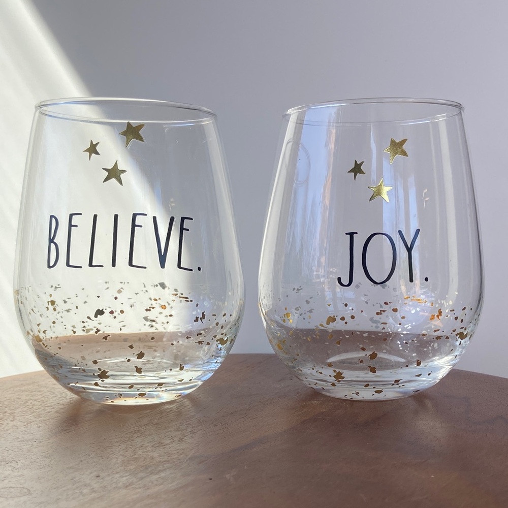 Rae Dunn. Believe Joy Stemless Wine Glasses